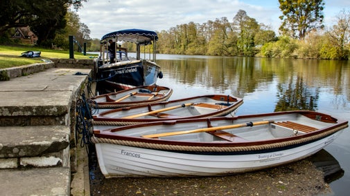 An image of boats resting on the smooth surface of the water on the River Thames, surrounded by trees and greenery